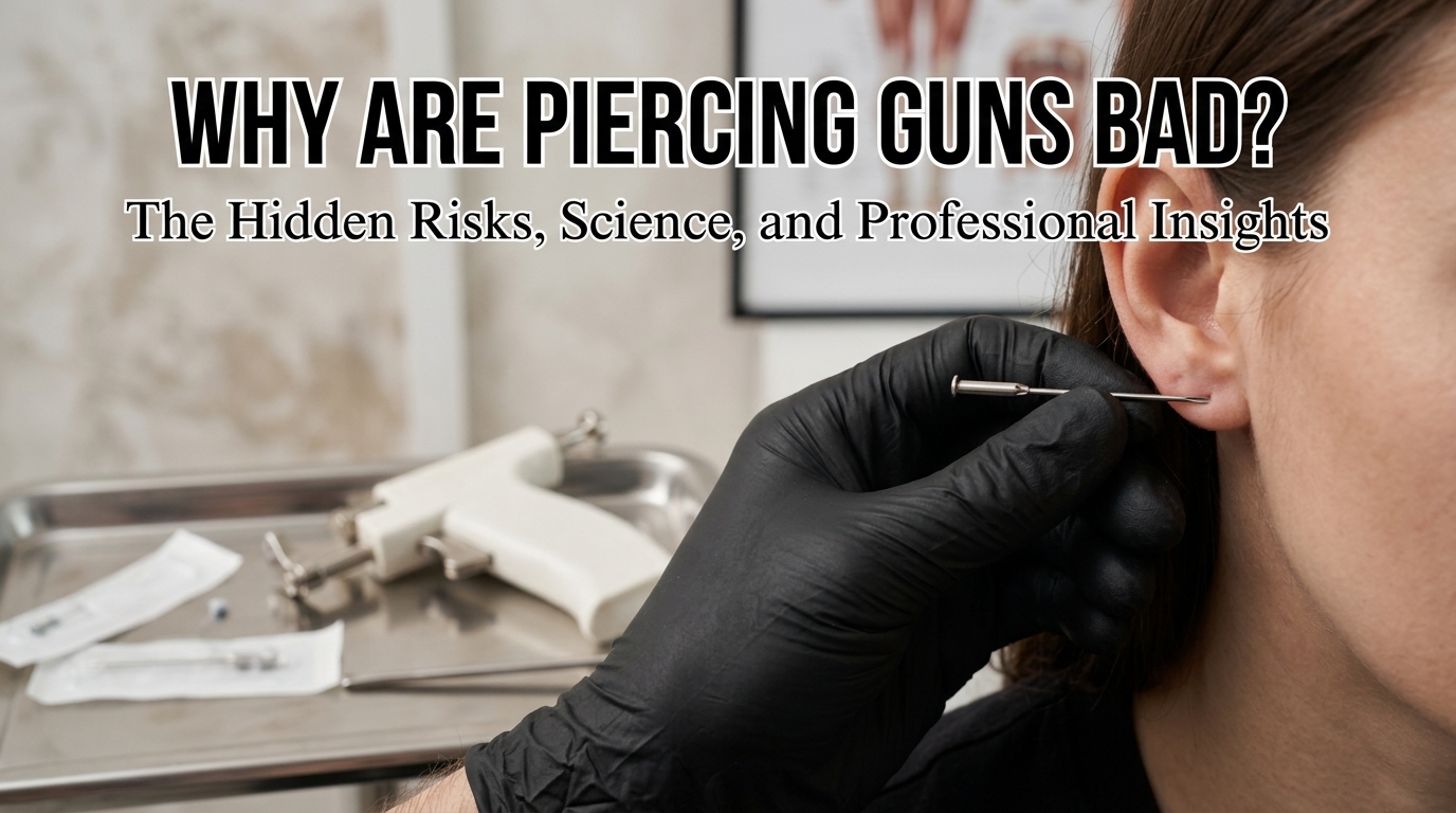 Why Are Piercing Guns Bad? featuring tissue trauma, hygiene risks, infection concerns, improper placement, healing problems, and professional piercing methods.